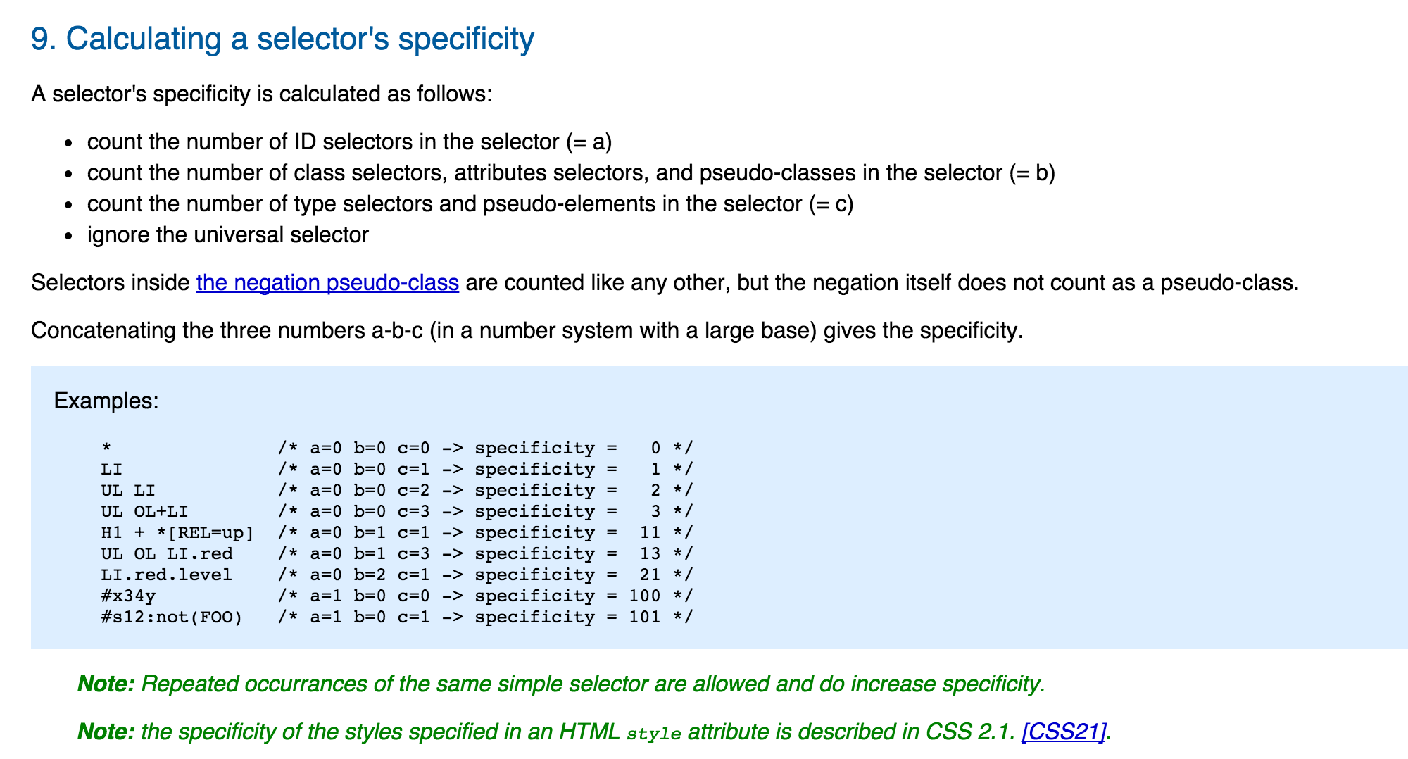 Régles de spécificité dans la documentation CSS du W3C