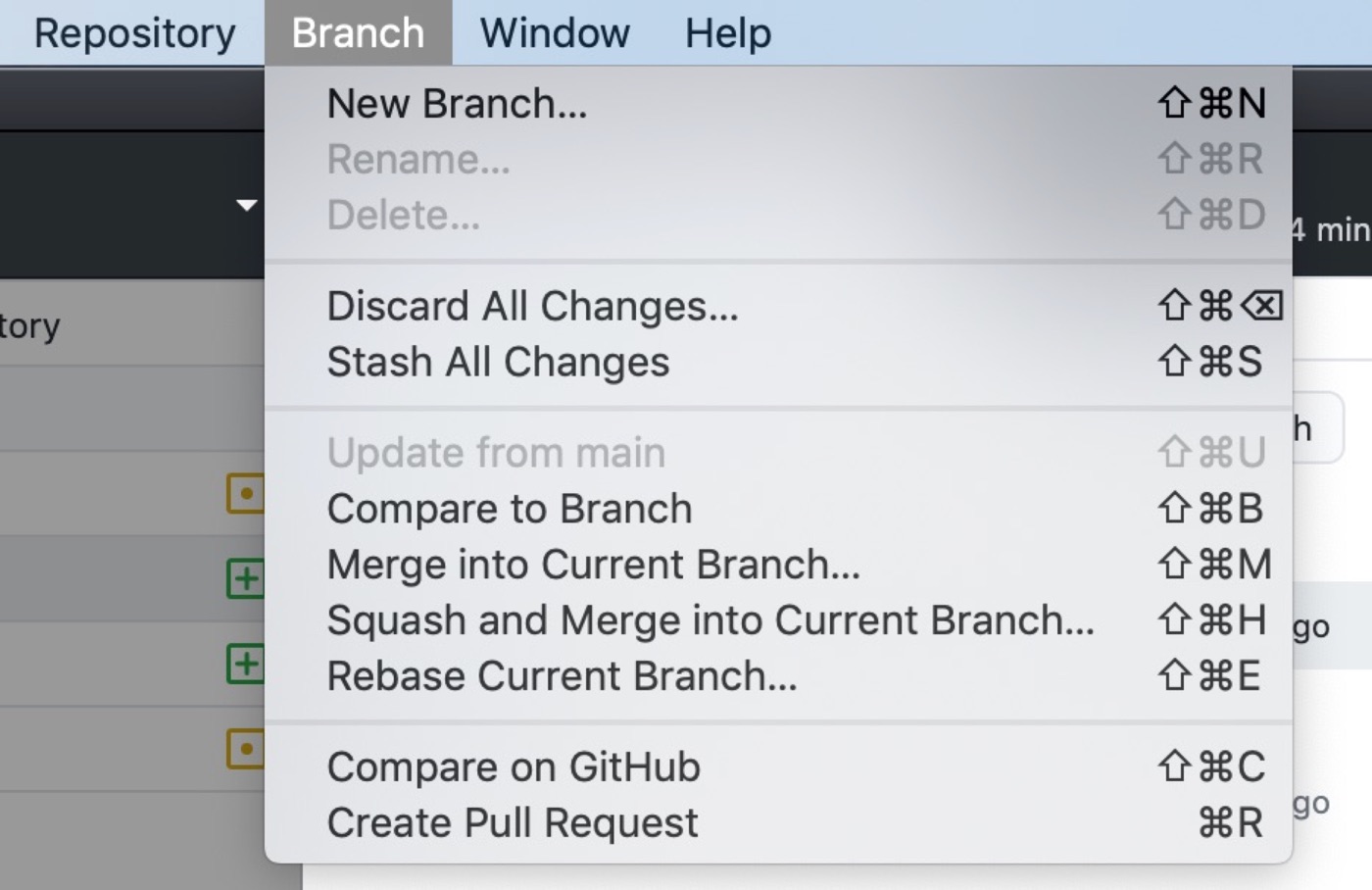Le menu Branch dans Github Desktop