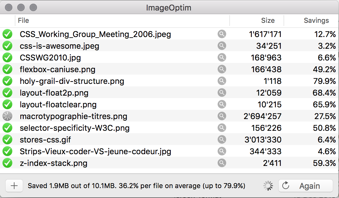 Statistiques de compression dans ImageOptim