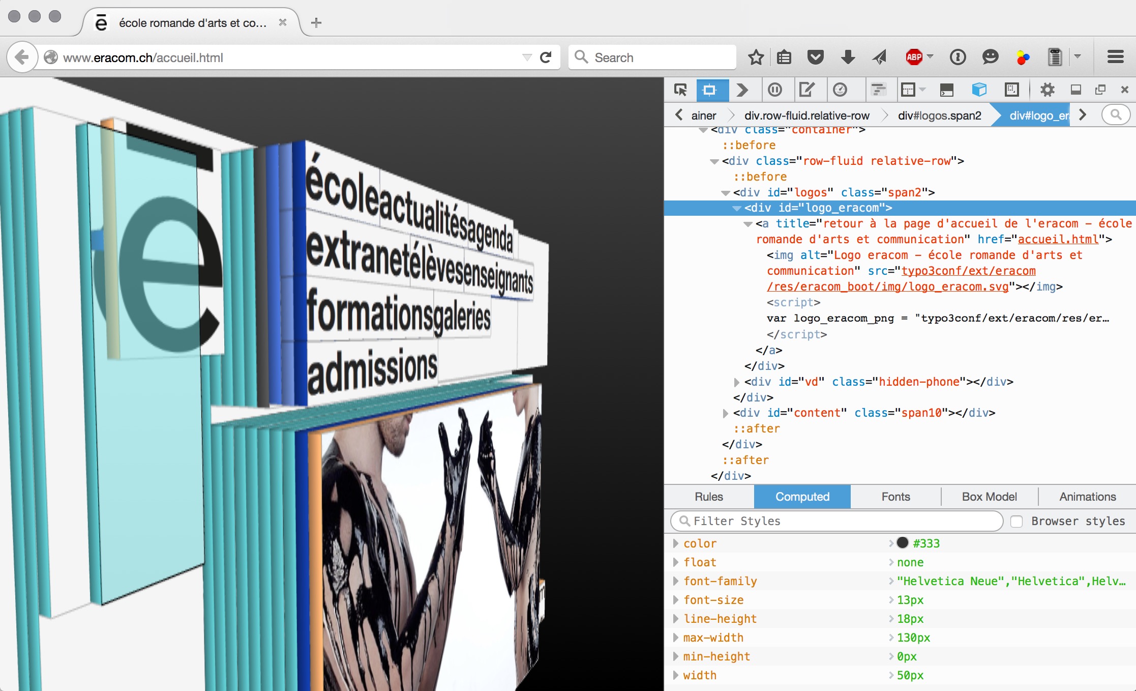 L'inspecteur de Firefox permet une vue en 3D de la structure d'une page web