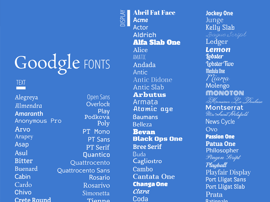 Goodgle Fonts, une sélection de fontes Google par Frank Adebiaye.